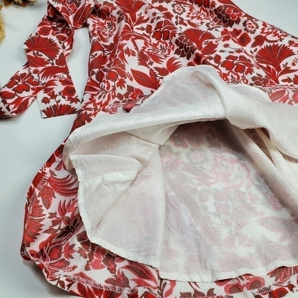 🔴 Campaign Brown Red Floral Belted Strapless Dress Size 6 - Picture 6 of 15